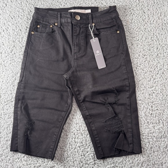 Tractr Black Mid‎ Rise Bermuda Raw Hem Distressed Stretch Denim Shorts 00/24 NWT - Picture 1 of 8